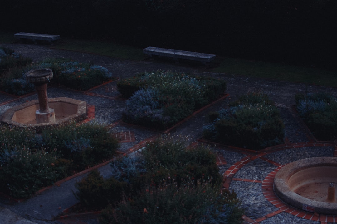 A quiet geometric garden at dusk, where stone, greenery and symmetry create a calm and timeless Medi